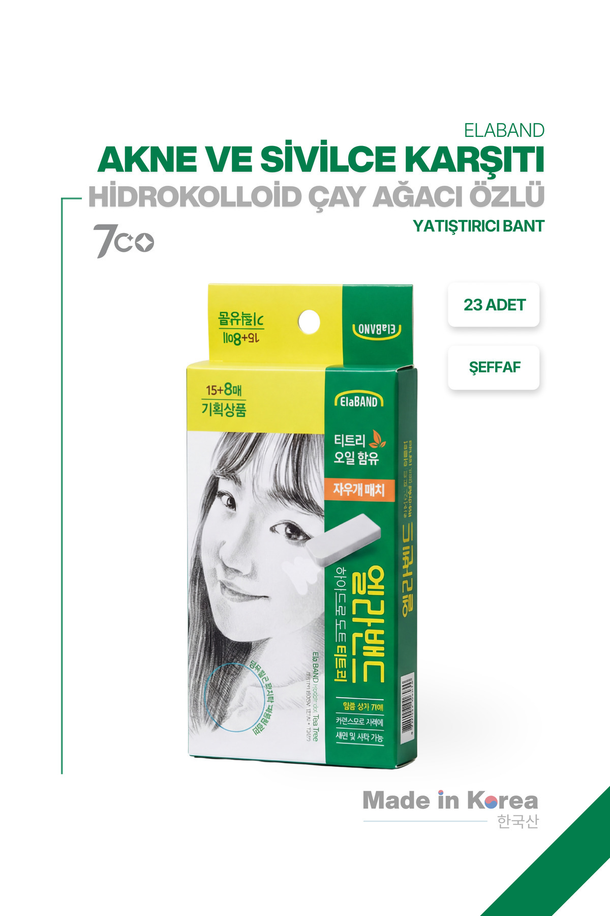 ELABAND Hidrokolloid Çay Ağacı Özlü | Akne ve Karşıtı & Yatıştırıcı Bant 15+8'lı Patch 23 ADET