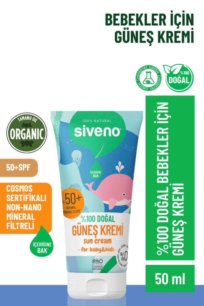 Siveno 0 Doğal Bebek Güneş Kremi Leke Karşıtı Nemlendirici Bitkisel Vegan SPF 50+ UVA UVB 50 ml