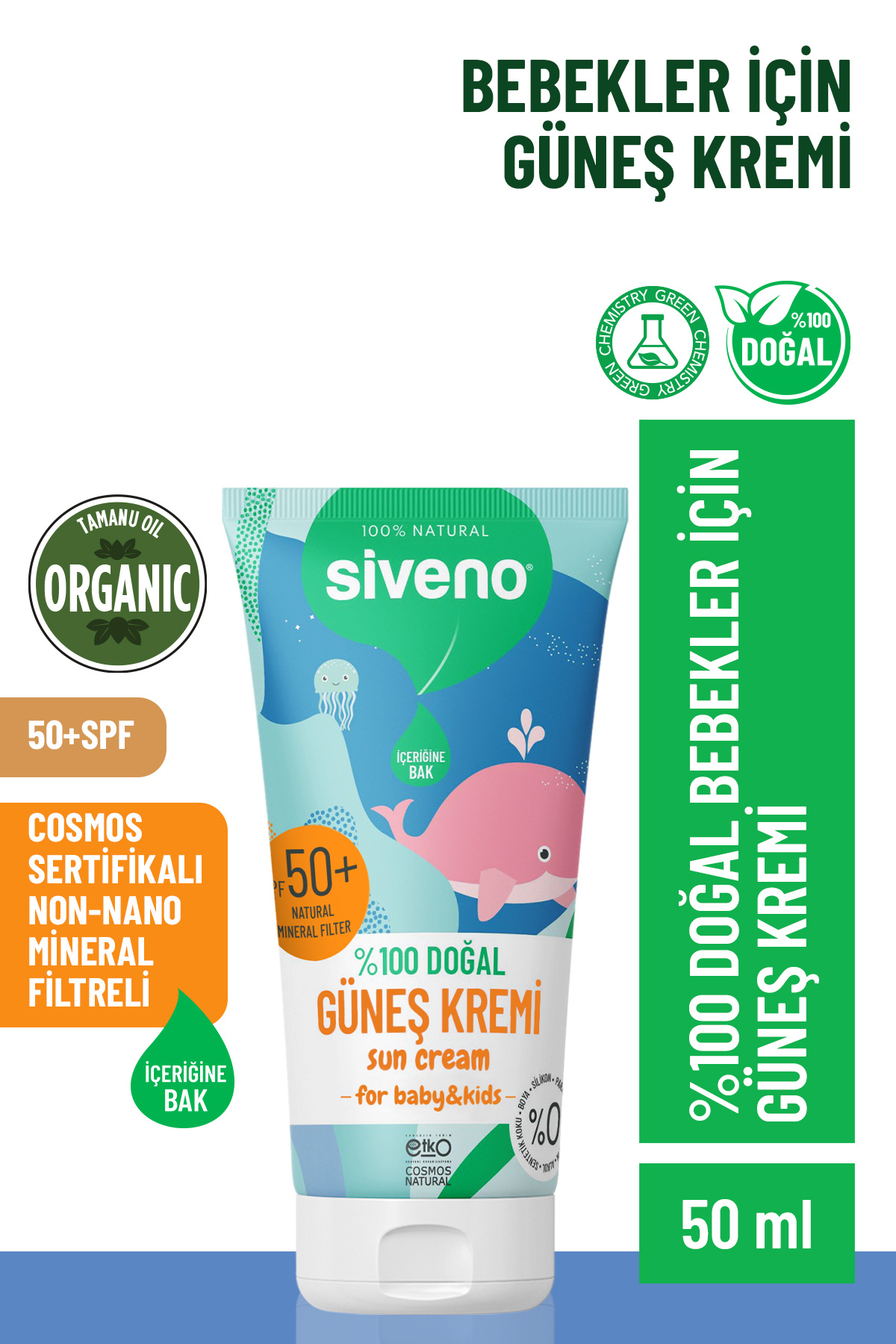 Siveno 0 Doğal Bebek Güneş Kremi Leke Karşıtı Nemlendirici Bitkisel Vegan SPF 50+ UVA UVB 50 ml