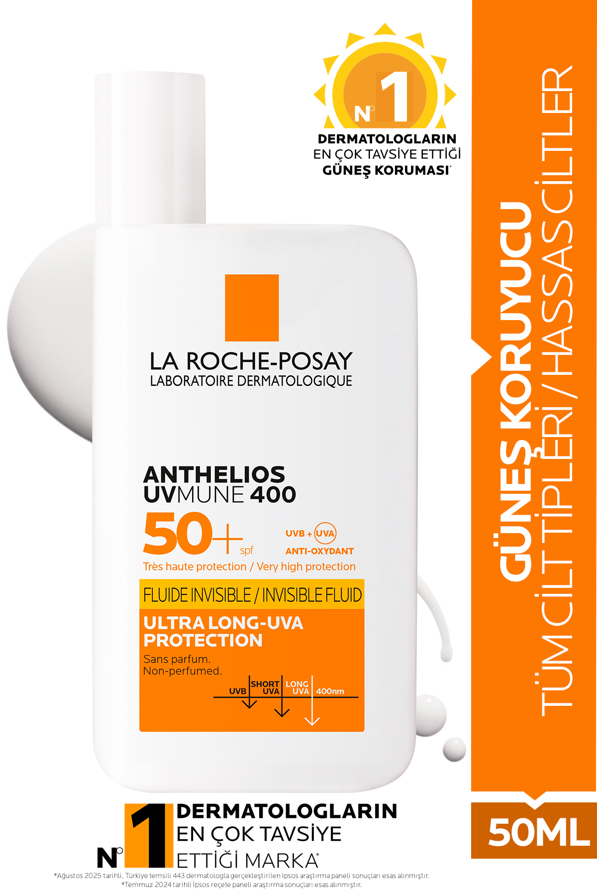 La Roche Posay Anthelios Uvmune 400 Invisible Fluid Tüm Cilt Tipleri İçin Yüksek Koruma SPF50+ Yüz Güneş Kremi 50ML