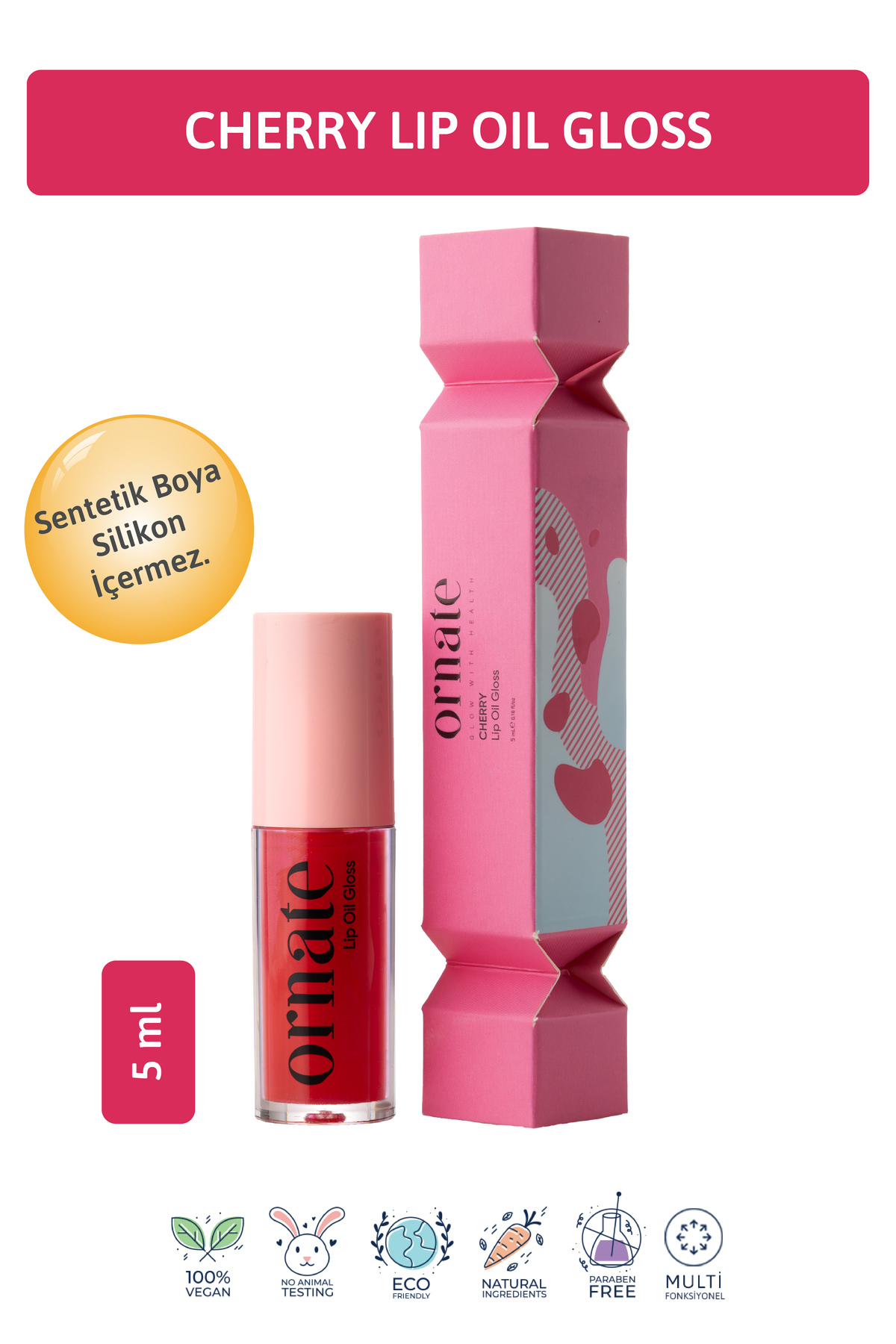 ORNATE Cherry Lip Oil Gloss Dolgunlaştırıcı Efekt Nemlendirici, Parlatıcı Simli Dudak Yağı Kiraz 5 ml