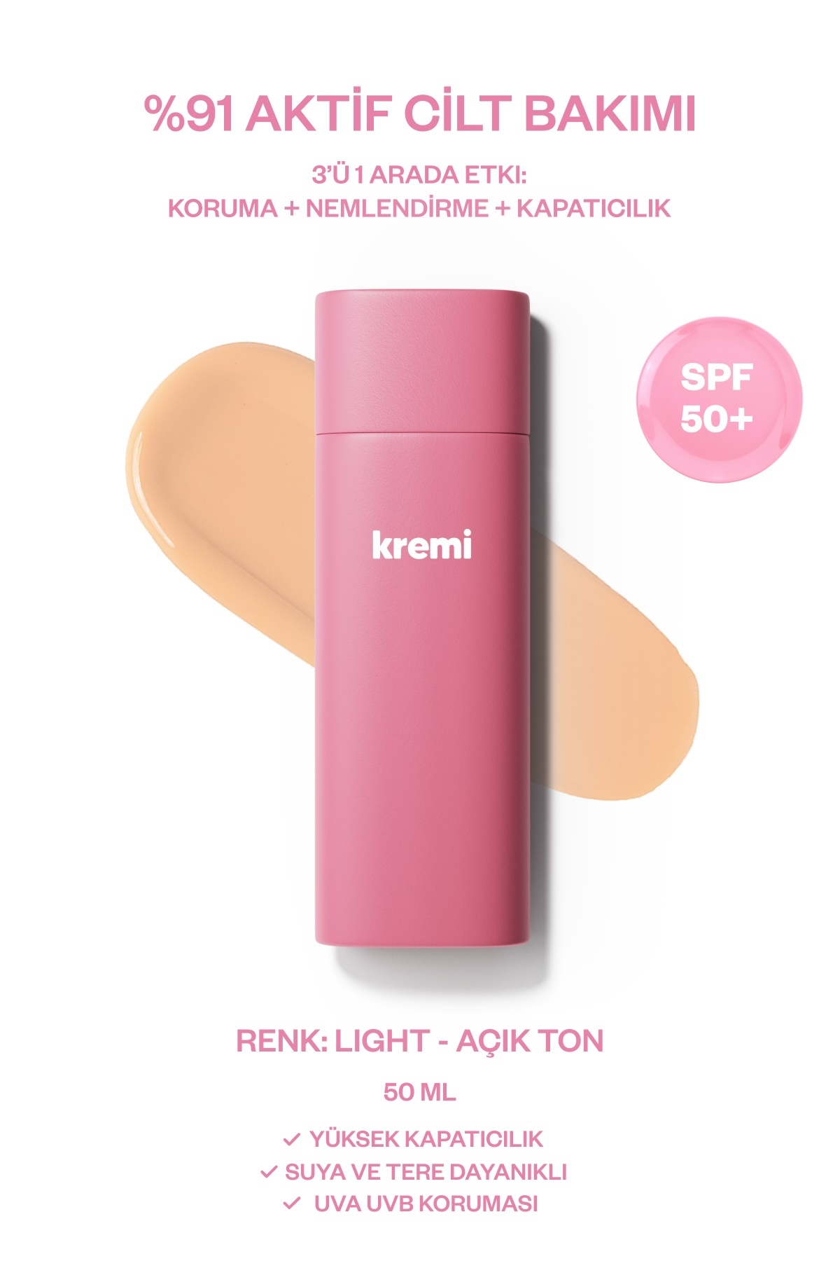Kremi BB Krem SPF50 Yüksek Kapatıcı, Nemlendirici, Ton Eşitleyici, Aydınlatıcı - Light(Açık)50ml