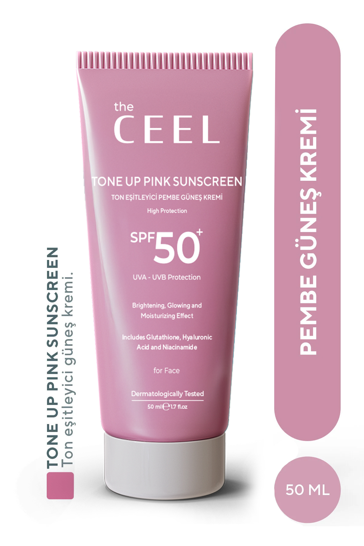 The Ceel Leke Karşıtı Ton Eşitleyen Spf 50+ Pembe Renkli Güneş Kremi | Glutatyon, Hyaluronik Asit 50 ml