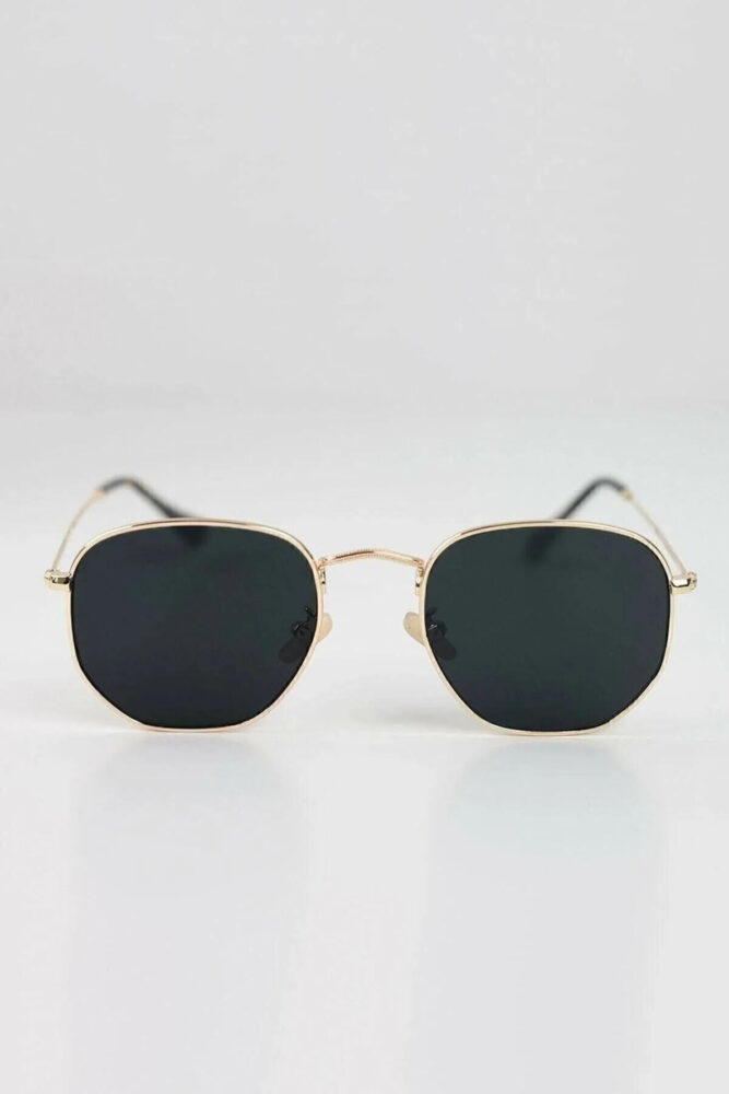 Chunky Frame Gold Metal Çerçeveli Beşgen Unisex Güneş Gözlüğü - Görsel 2