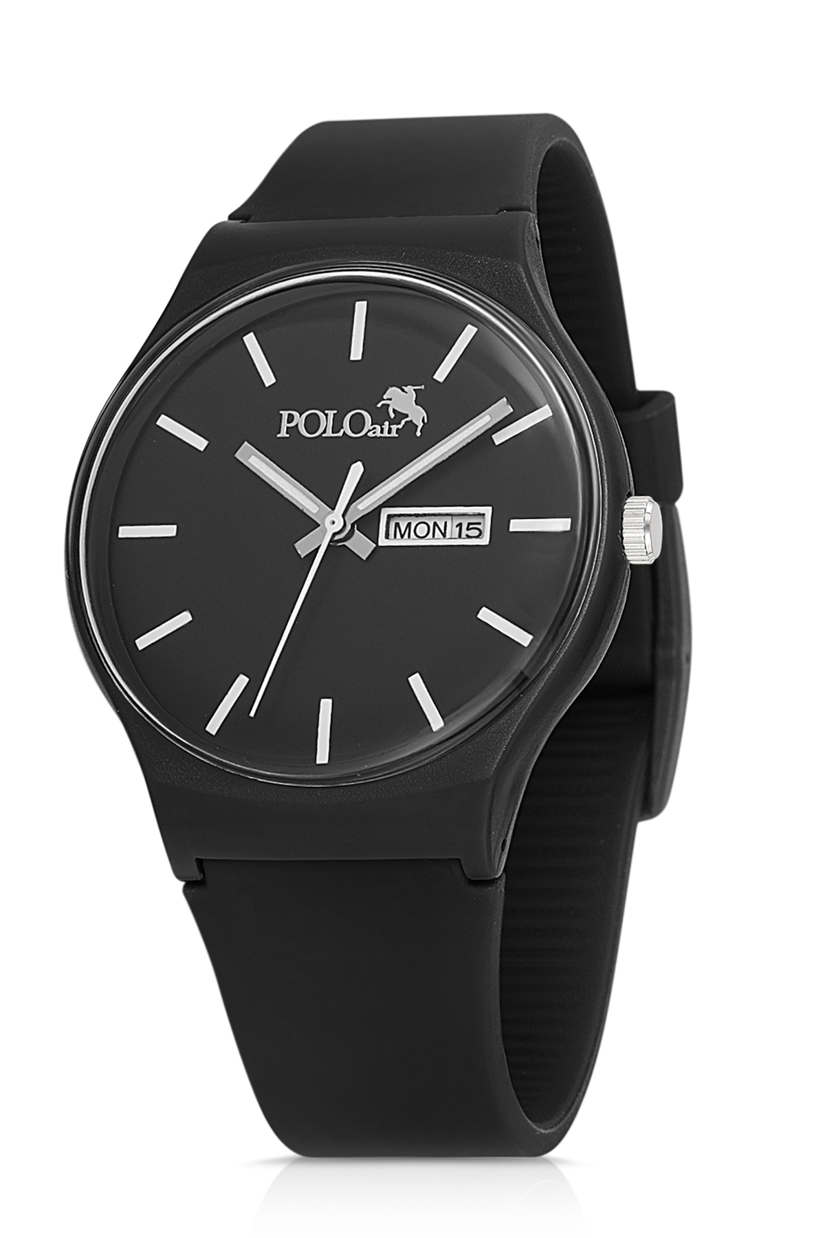 polo air Spor Unisex Silikon Kordon Gün Ay Takvimli Kol Saati Siyah Renk PL-1555B2x