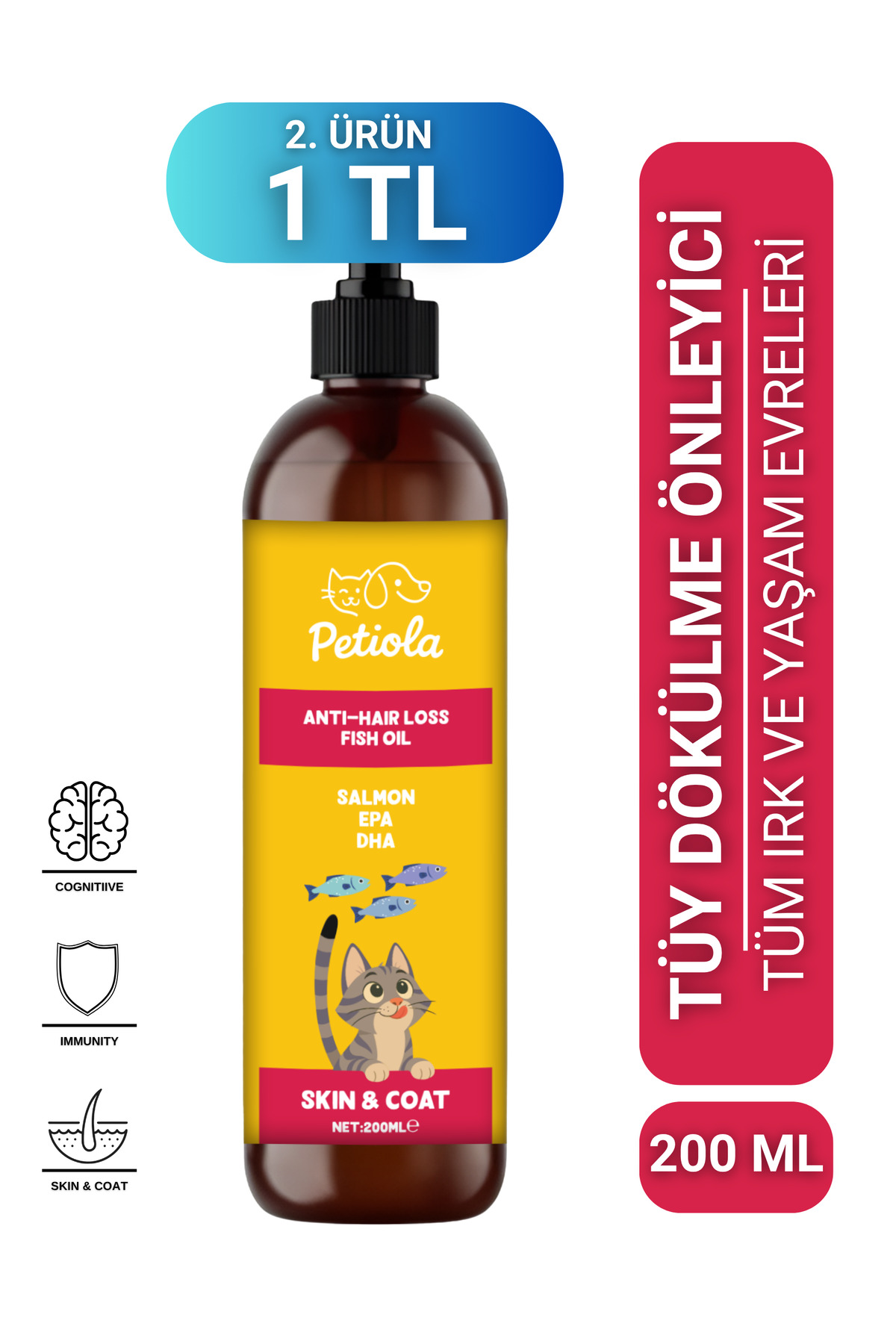 Petiola Tüy Dökülmesini Önleyici ve Tüy Sağlığını Destekleyici Kediler için Balık Yağı Omega 3 ve 6, 200 ml
