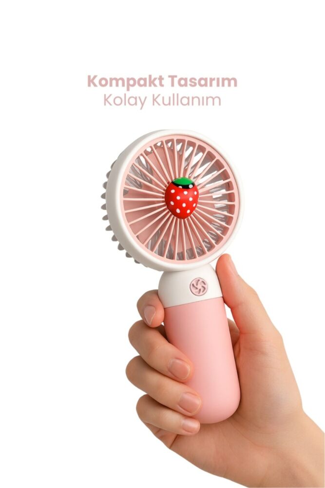 VİORA LENSE Şarjlı Mini Taşınabilir El Fanı - Sessiz USB Masaüstü Vantilatör - Meyve Temalı Pembe