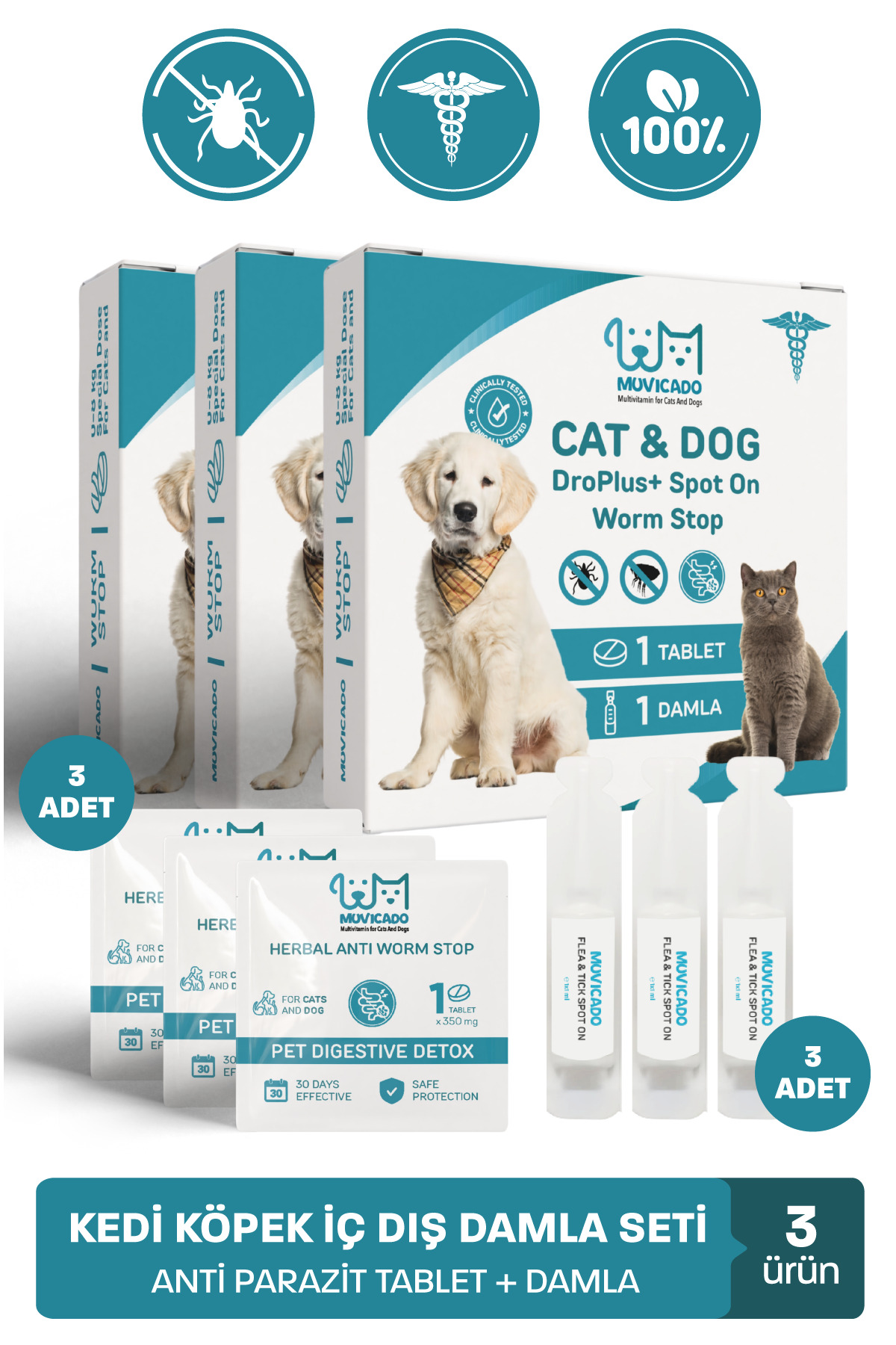 muvicado Kedi Köpek Herbal Worm Stop Bitkisel Tablet 250 mg+ Anti Spot On Bitkisel Damla 1 ml Bit Pire Kene