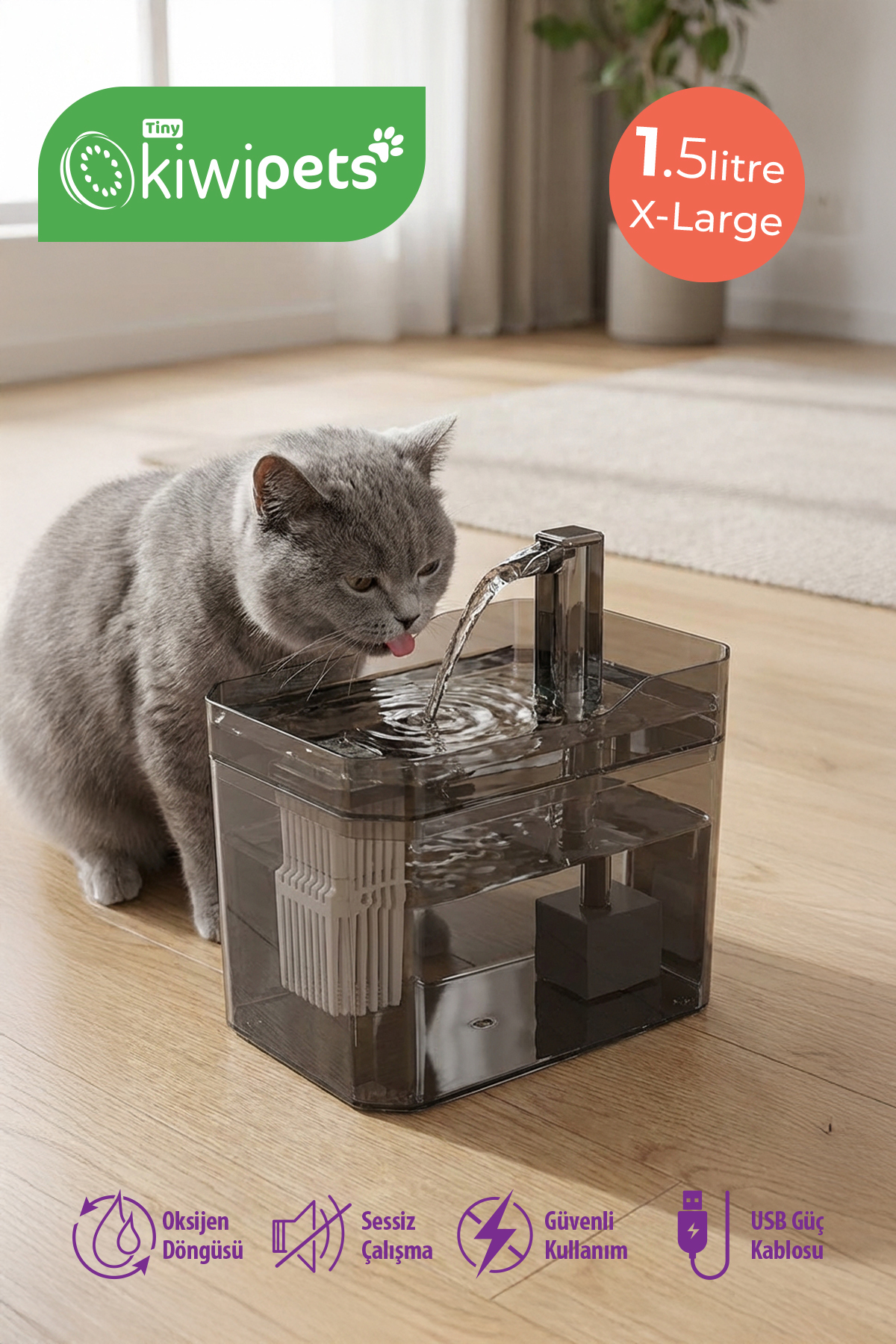 Tiny Kiwipets KPF-10544 Evcil Hayvan Su Çeşmesi | 1.5 L Hazne & Filtreli & Sessiz Çalışma