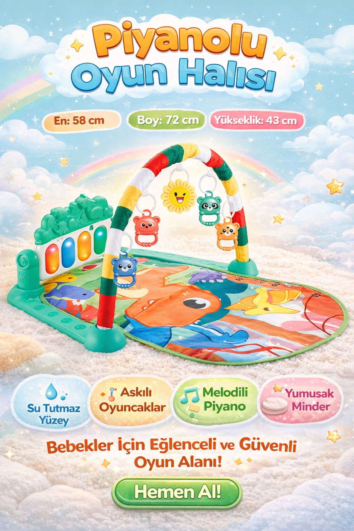 BabyLondy Dinozorlu Güneşli Piyanolu Bebek Oyun Halısı Eğitici Oyuncak Mavi