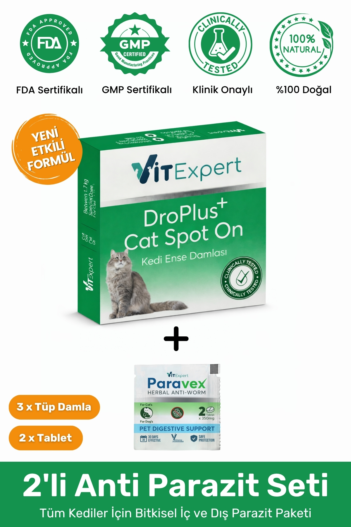 Vitexpert 2'li Set Kedi İç Dış Anti Parazit Tüm Kediler İçin Bitkisel 3 Damla Ve 2 Tablet Paketi