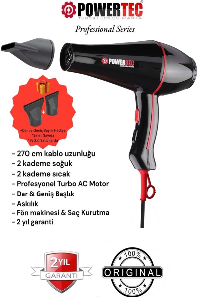 Powertec TR-601 (2500 W) Turbo Professional Series Fön Makinesi & Saç Kurutma 2.7m Uzun Kablolu Yeni Versiyon