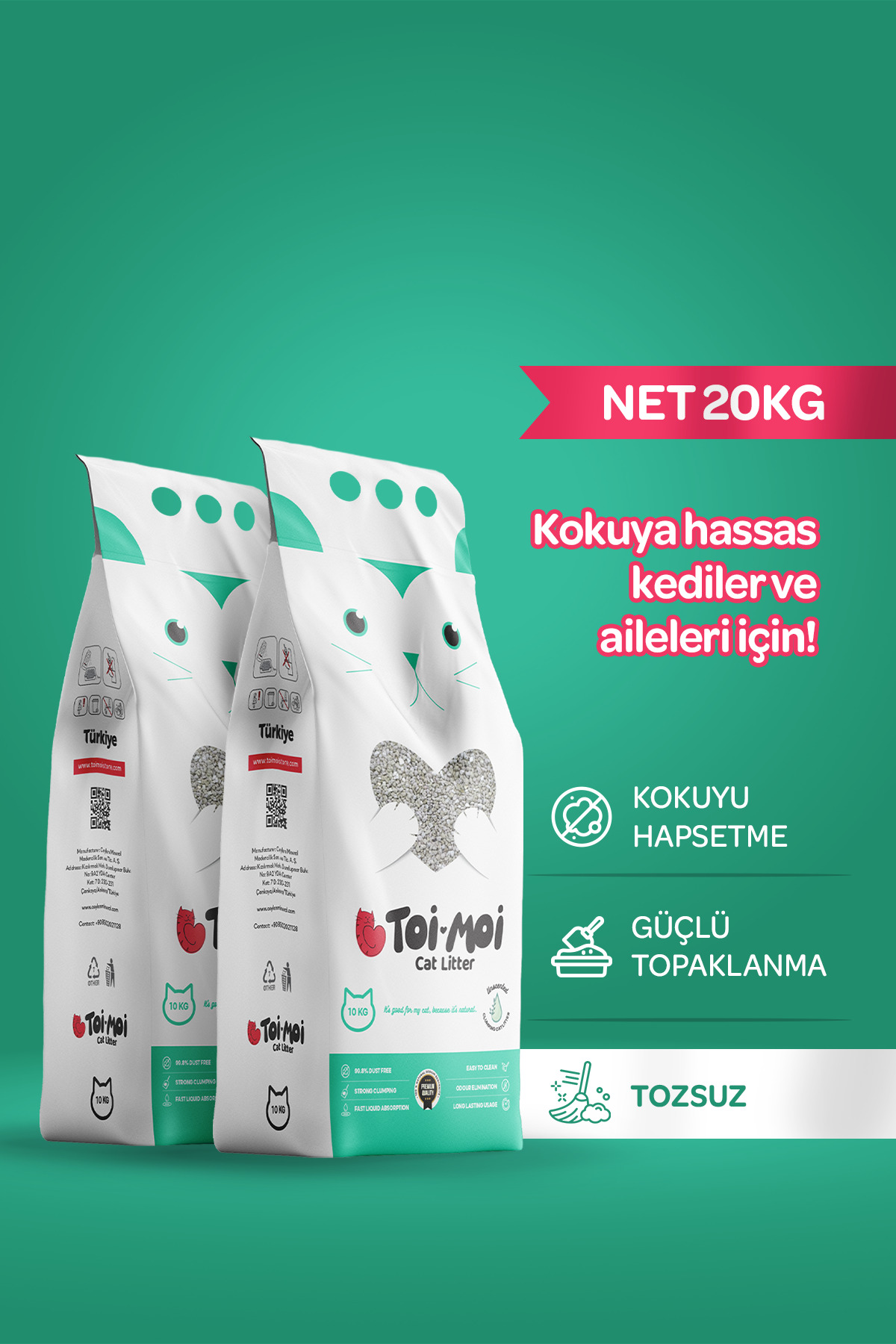 Toi Moi 2li Avantaj Paketi Kokuya Hassas Topaklanan Tozsuz Kokusuz Bentonit Kedi Kumu 2x10kg