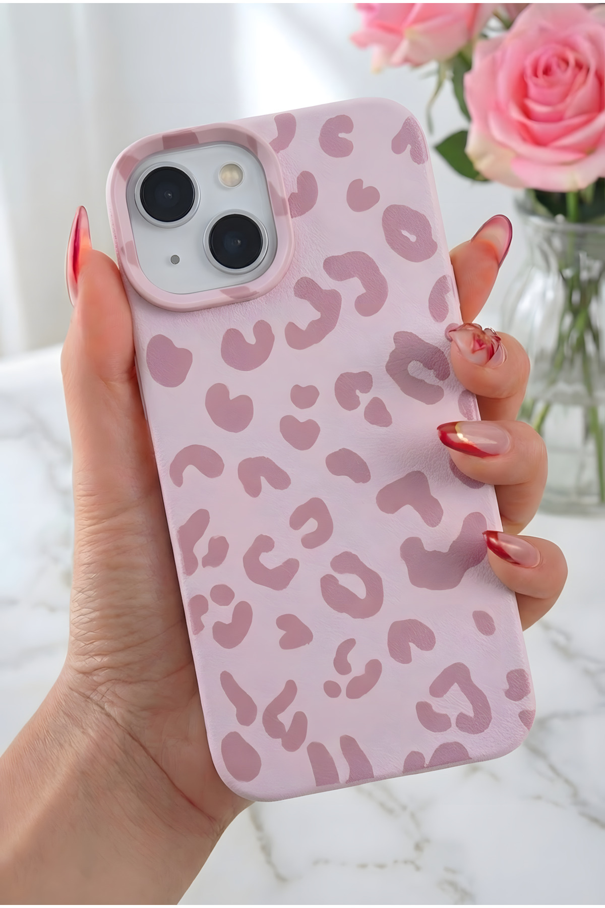 Fibaks iPhone 13/14/15 Kılıf Pembe Leopar Desenli Esnek İnce Yumuşak Silikon
