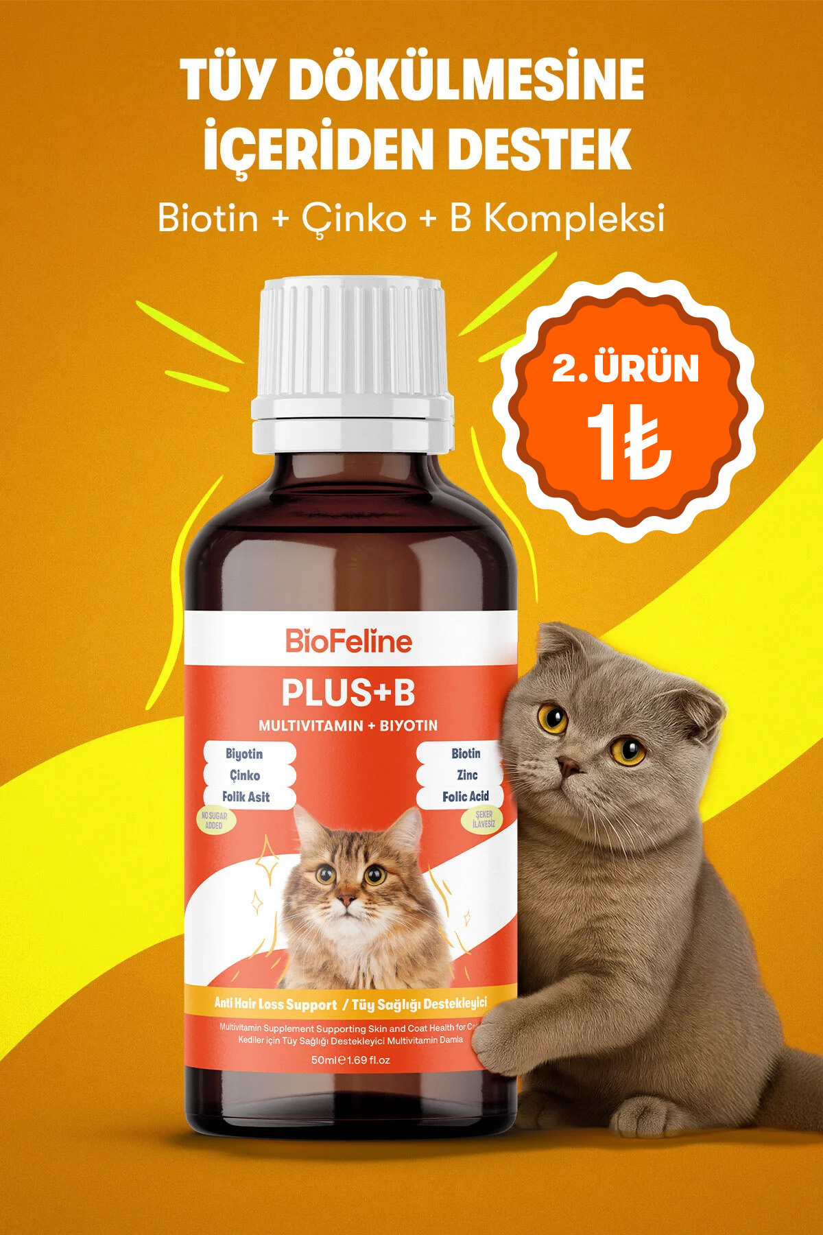 BioFeline Tüy Dökülmesi Azaltıcı ve Deri Sağlığı Destekleyici Kediler için Biotin & Çinko Damla 50 ml