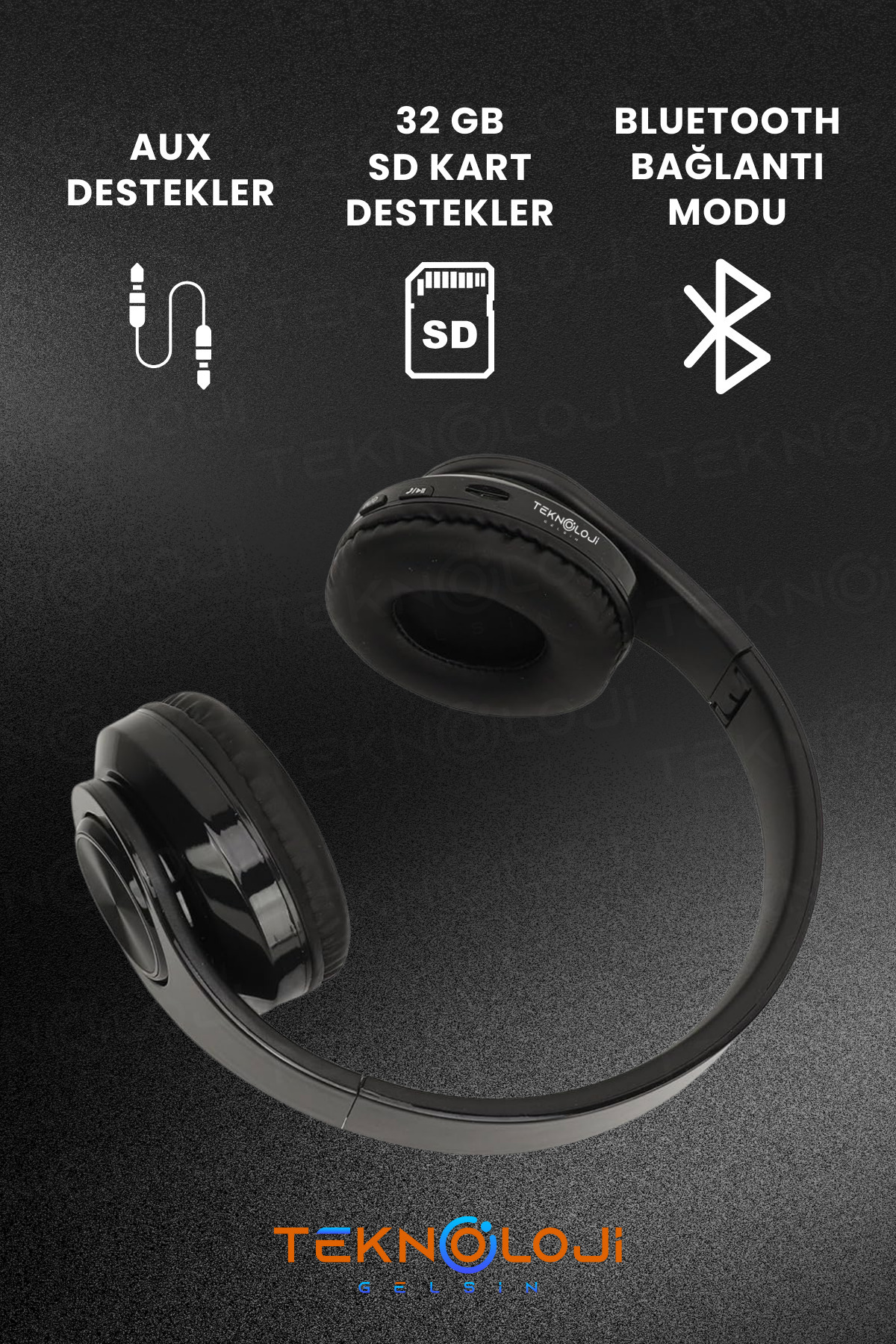 Teknoloji Gelsin Bluetooth Kulaklık Kablosuz Kulaküstü Işıklı Katlanabilir Mikrofonlu Fm-aux-sd Siyah - Görsel 3