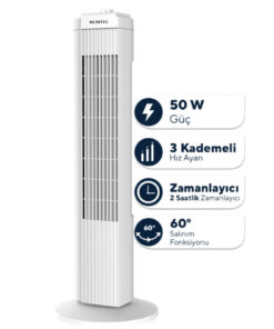KUMTEL KTF-258W Kule Tipi Beyaz Vantilatör – 50W, Zaman Ayarlı, 3 Hız Kademeli, Sessiz Çalışma