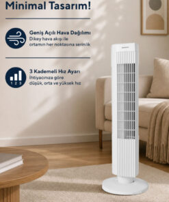 KUMTEL KTF-258W Kule Tipi Beyaz Vantilatör – 50W, Zaman Ayarlı, 3 Hız Kademeli, Sessiz Çalışma - Görsel 3