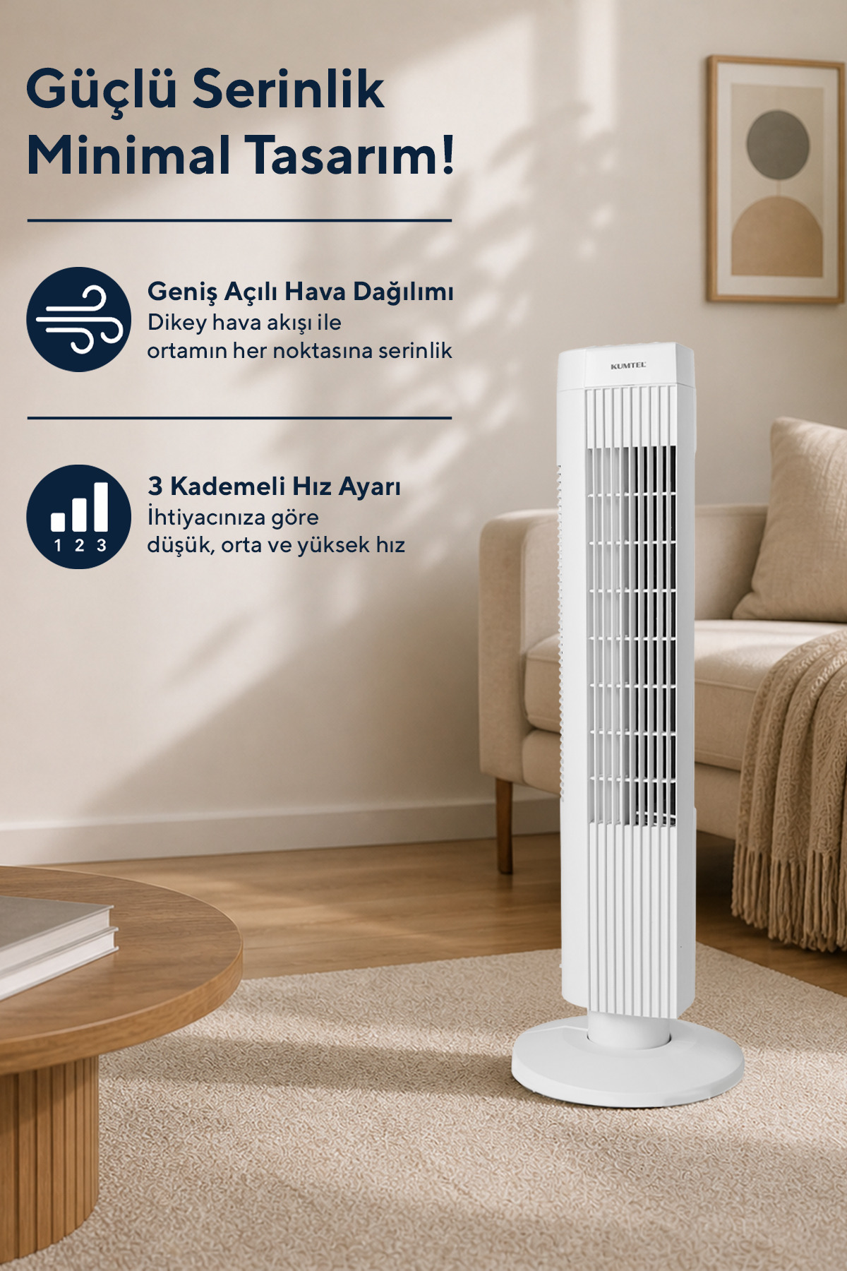 KUMTEL KTF-258W Kule Tipi Beyaz Vantilatör – 50W, Zaman Ayarlı, 3 Hız Kademeli, Sessiz Çalışma - Görsel 3