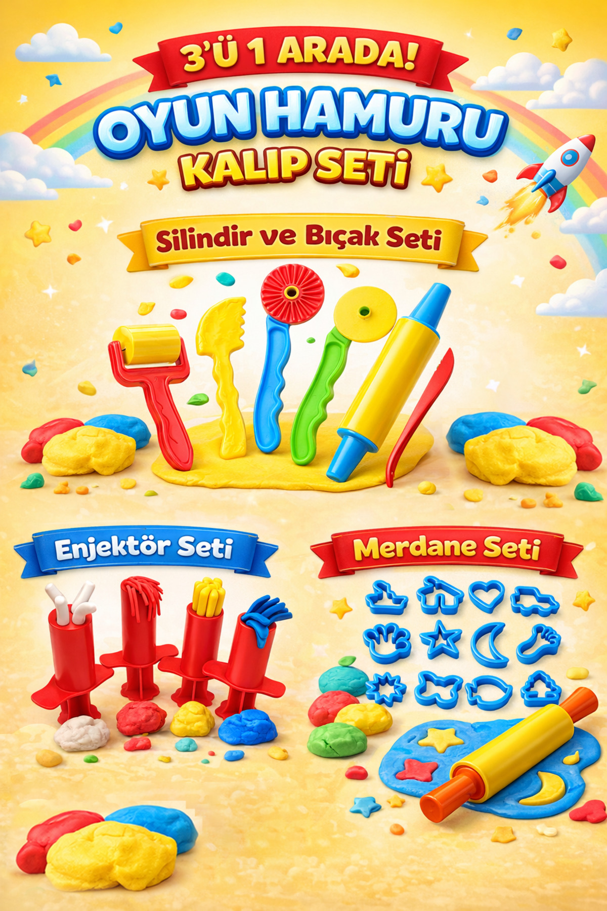 HEROES DOUGH 3'ü 1 Arada Oyun Hamuru Kalıp Seti - Enjektör, Merdane, Silindir ve Bıçaklı Şekillendirme Seti