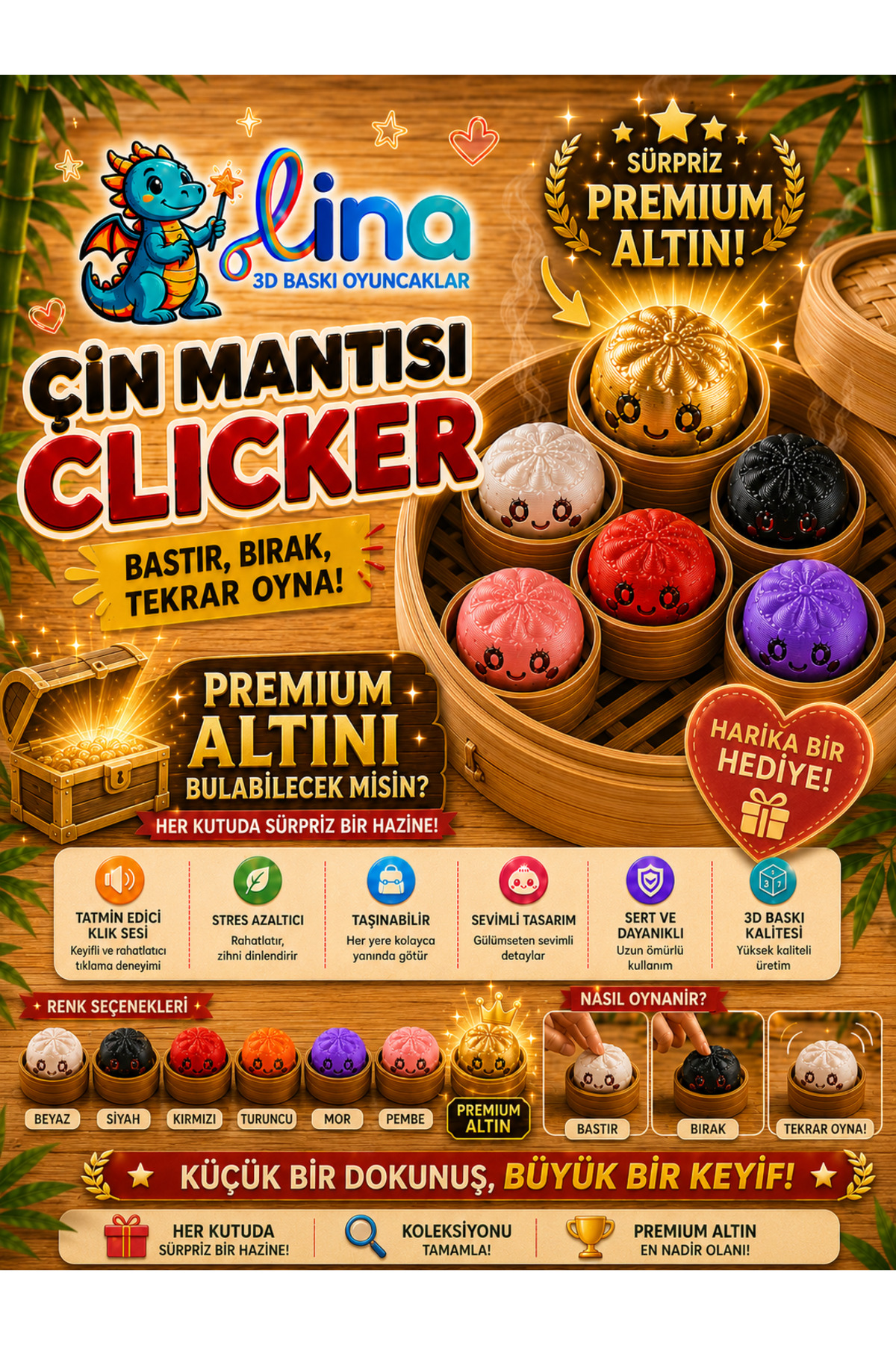 ümit toys Lina-Çin Mantısı Clicker-Sürpriz Premium Altın Figürlü Stres Oyuncağı