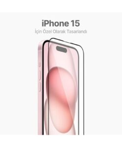 Alternative view of Fibaks iPhone 15/14 Pro/16 Uyumlu Kolay Uygulama Aparatlı Siyah Çerçeveli Tam Kapatan Cam Ekran Koruyucu