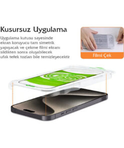 Fibaks iPhone 15/14 Pro/16 Uyumlu Kolay Uygulama Aparatlı Siyah Çerçeveli Tam Kapatan Cam Ekran Koruyucu - Görsel 3