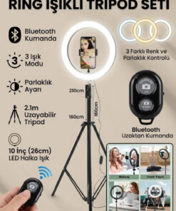BSTBRANDSHOPPİNGTR Bluetooth KUMANDALI 10"inç Ring Light Youtuber Tiktok Çekim Işıklı Telefon Tutucu Influencer Makyaj Işığı 2.10 m Tripod