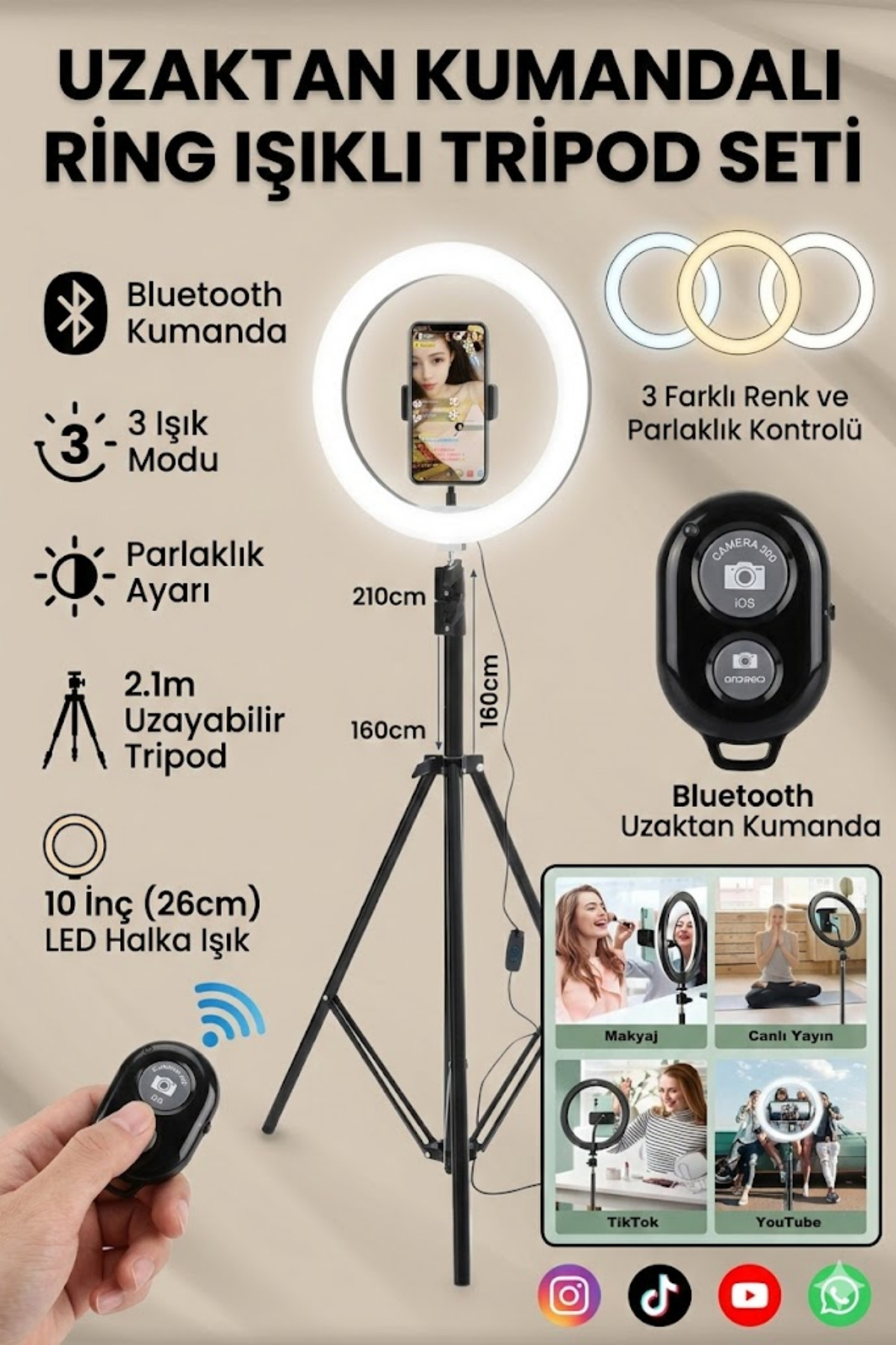 BSTBRANDSHOPPİNGTR Bluetooth KUMANDALI 10"inç Ring Light Youtuber Tiktok Çekim Işıklı Telefon Tutucu Influencer Makyaj Işığı 2.10 m Tripod