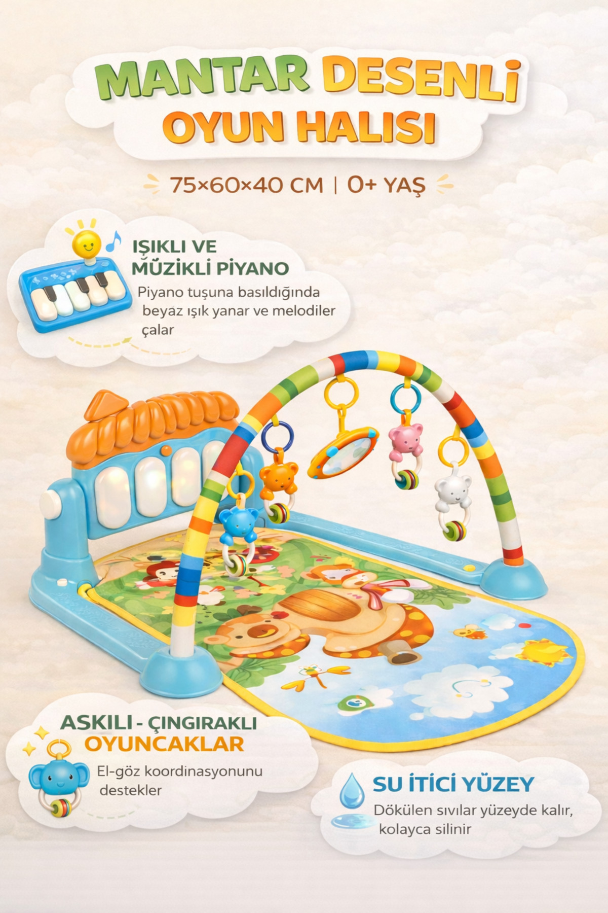 HAK İŞ OYUNCAK Piyanolu Mantar Desenli Bebek Oyun Halısı – 0+ Ay, Hayvan Figürlü Işıklı ve Müzikli Gelişim Matı ve