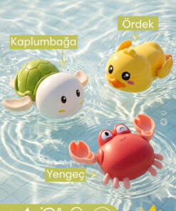 Smartfox Yüzen 3’lü Su Oyuncağı Banyo Arkadaşı-Ördek, Kaplumbağa ve Yengeç Kurmalı Banyo Oyuncakları - 3 Adet