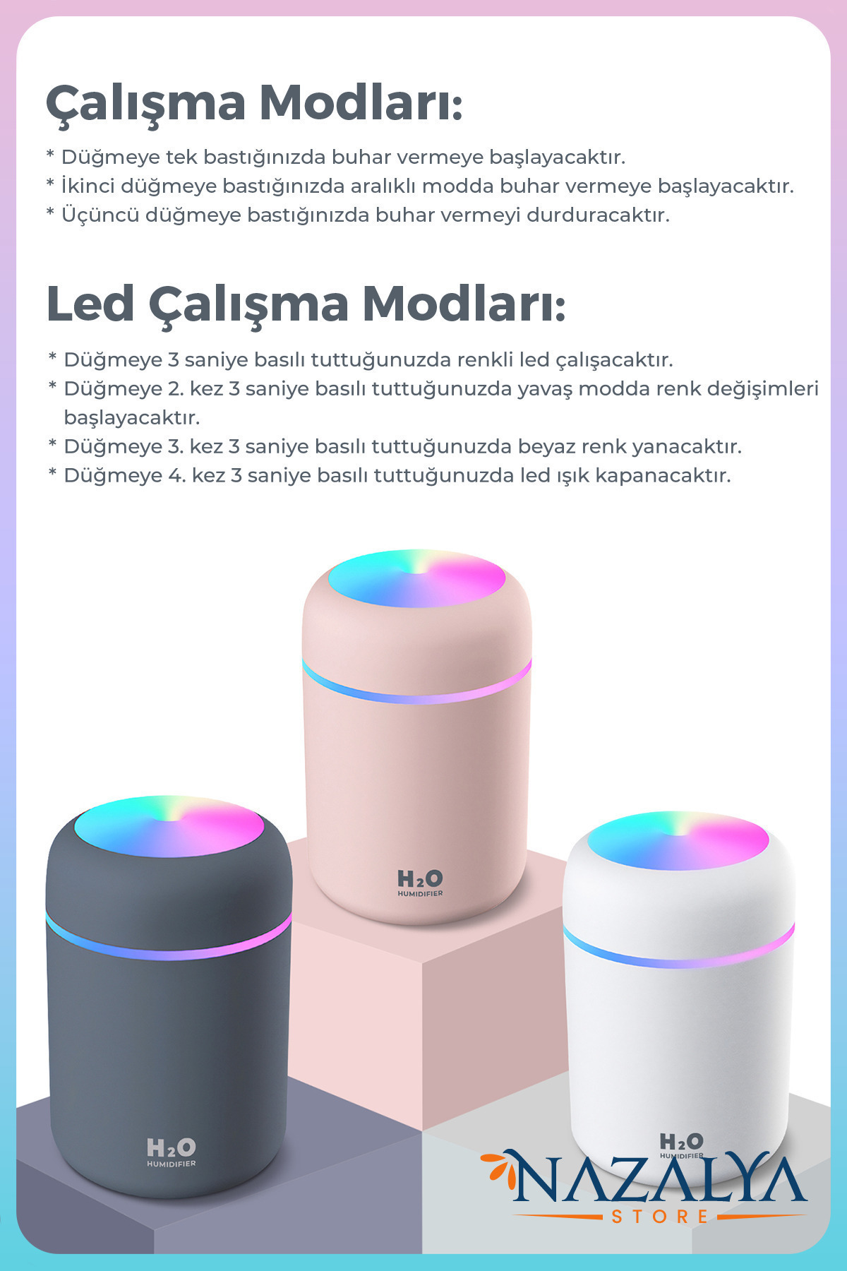 Nazalya 300 ml Ulrasonik Ledli Hava Nemlendirici Buhar Makinesi Ve Aroma Difüzörü - Görsel 3
