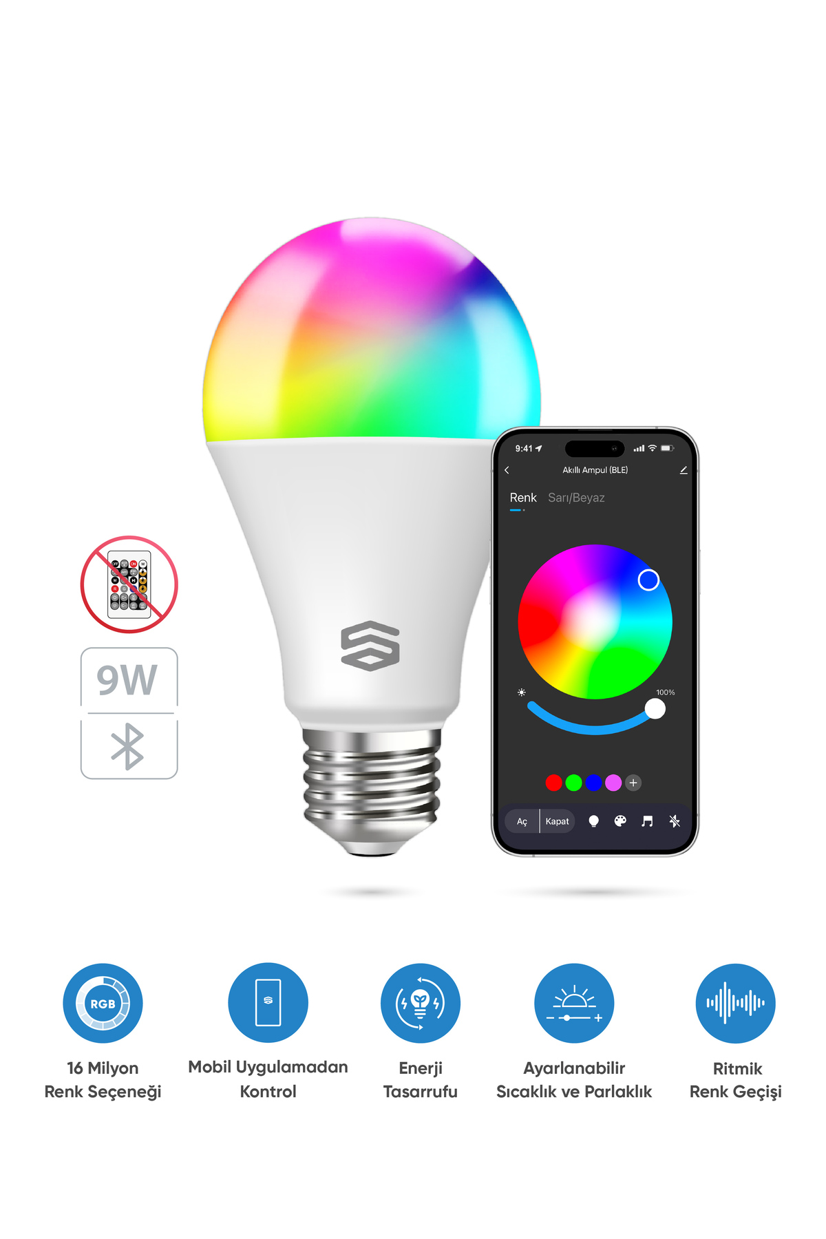 Şımart Akıllı Rgb Led Ampul Bluetooth 16m Renk, Ayarlanabilir Parlaklık
