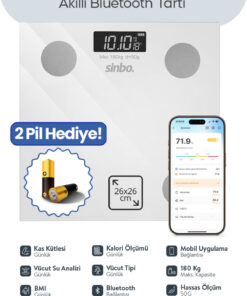 Sinbo SBS-4472 Bluetooth Dijital Yağ Su Kas Vücut Kitle Endeksi Kilo Ölçer Tartı Baskül