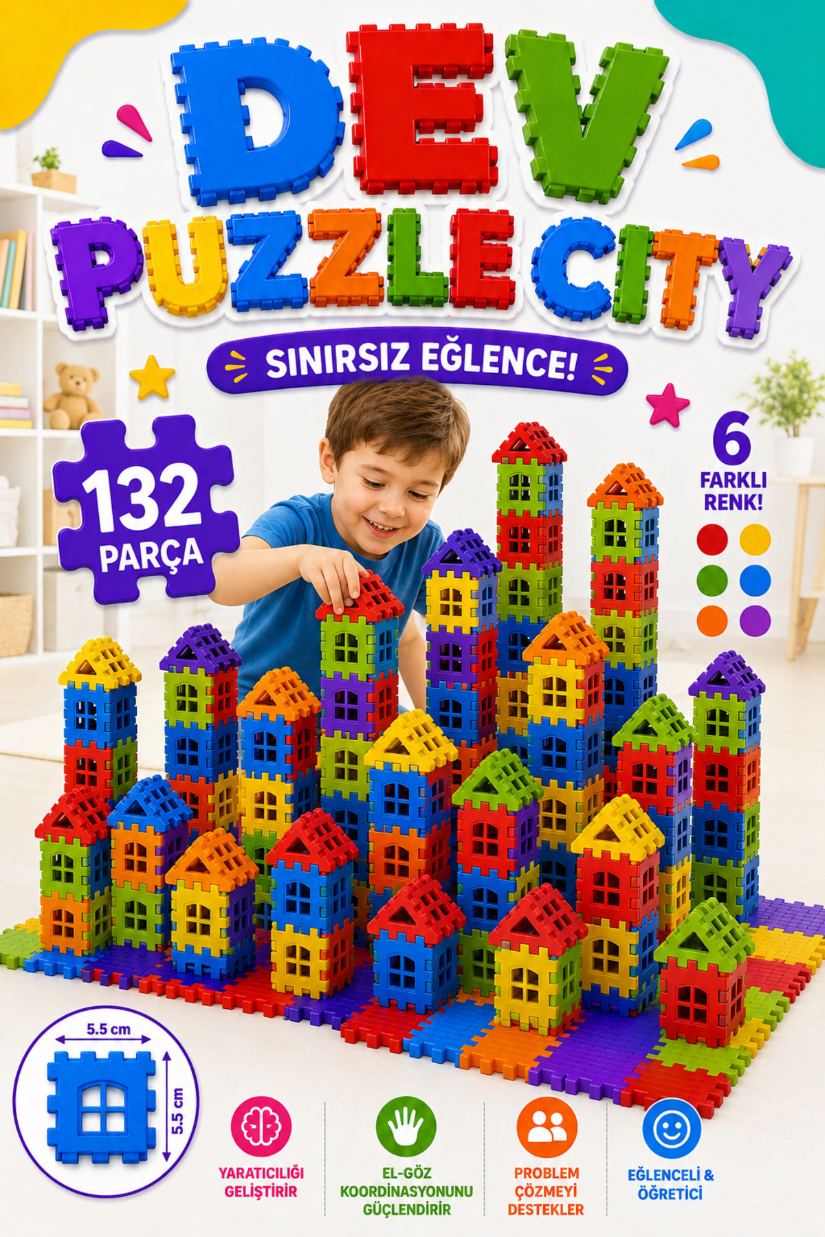 Erbek Puzzle City 3D Yapı Ve Tasarım Blokları 132 Parça Eğitici, Zeka Geliştirici Oyuncak Lego