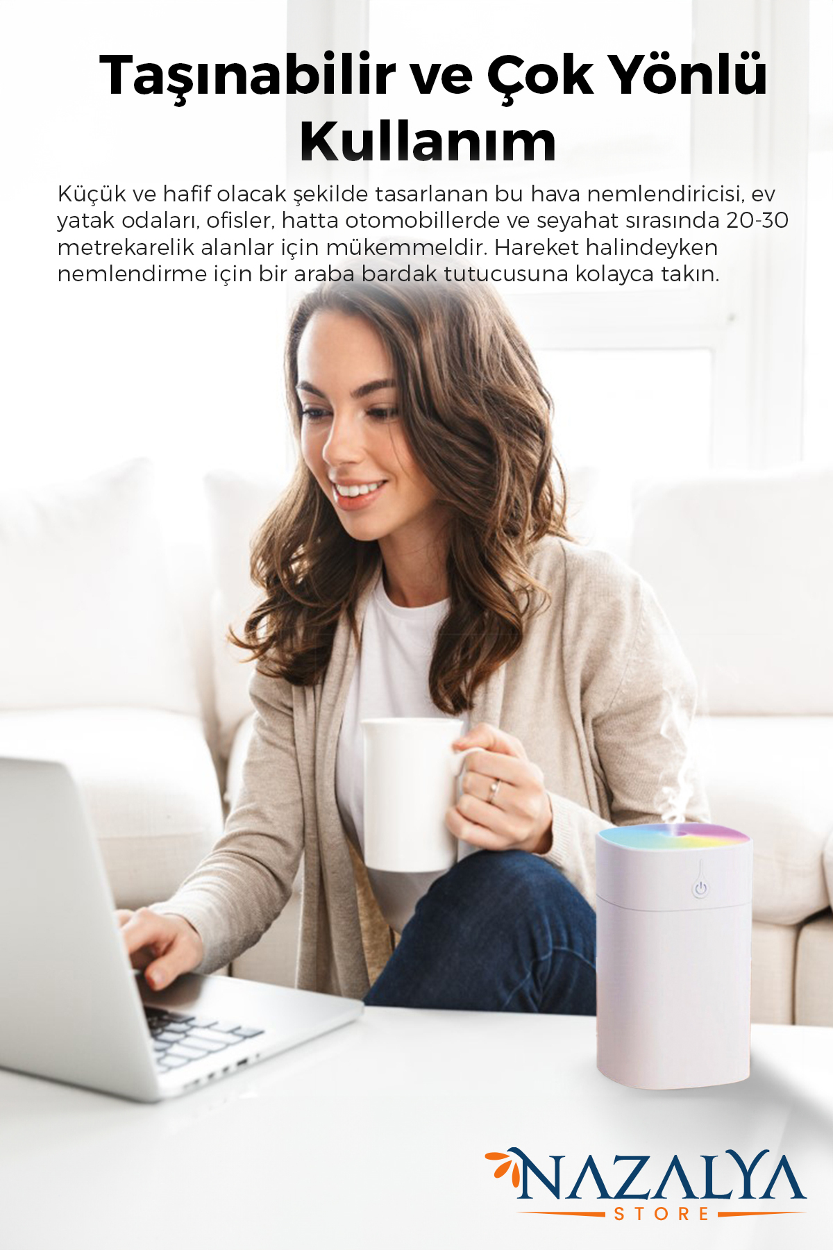 Nazalya 400 ml Ultrasonik Hava Nemlendirici Buhar Makinesi ve Aroma Difüzörü - Beyaz Renk - Görsel 3