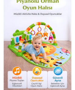 HAK İŞ OYUNCAK Piyanolu Orman Desenli Bebek Oyun Halısı – 0+ Ay, Hayvan Figürlü Işıklı ve Müzikli Gelişim Matı