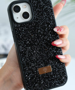 Fibaks iPhone 13/14/15 Kılıf Içi Kadife Elmas Tasarımlı Siyah Taşlı Işıltılı Pırlanta Silikon - Görsel 3