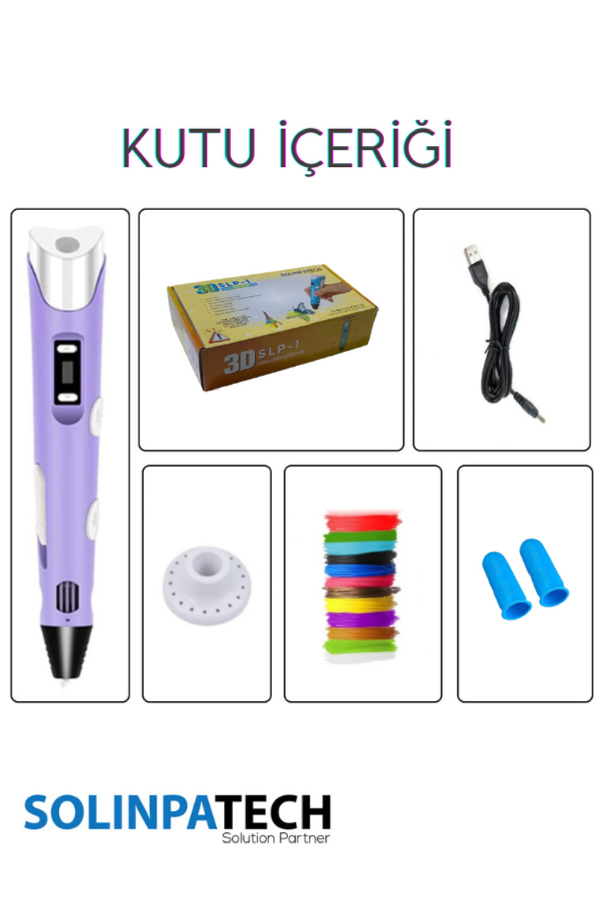 SolinpaTech MOR 3d Kalem 3d Pen Yazıcı Kalem | Çok Renkli (TOPLAM 59 METRE) Filament Usb Kablo - Görsel 3