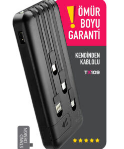 Powerway Orjinal 10.000 mAh Kendinden Kablolu ve Telefon Standlı Şarj Göstergeli Siyah Taşınabilir Powerbank