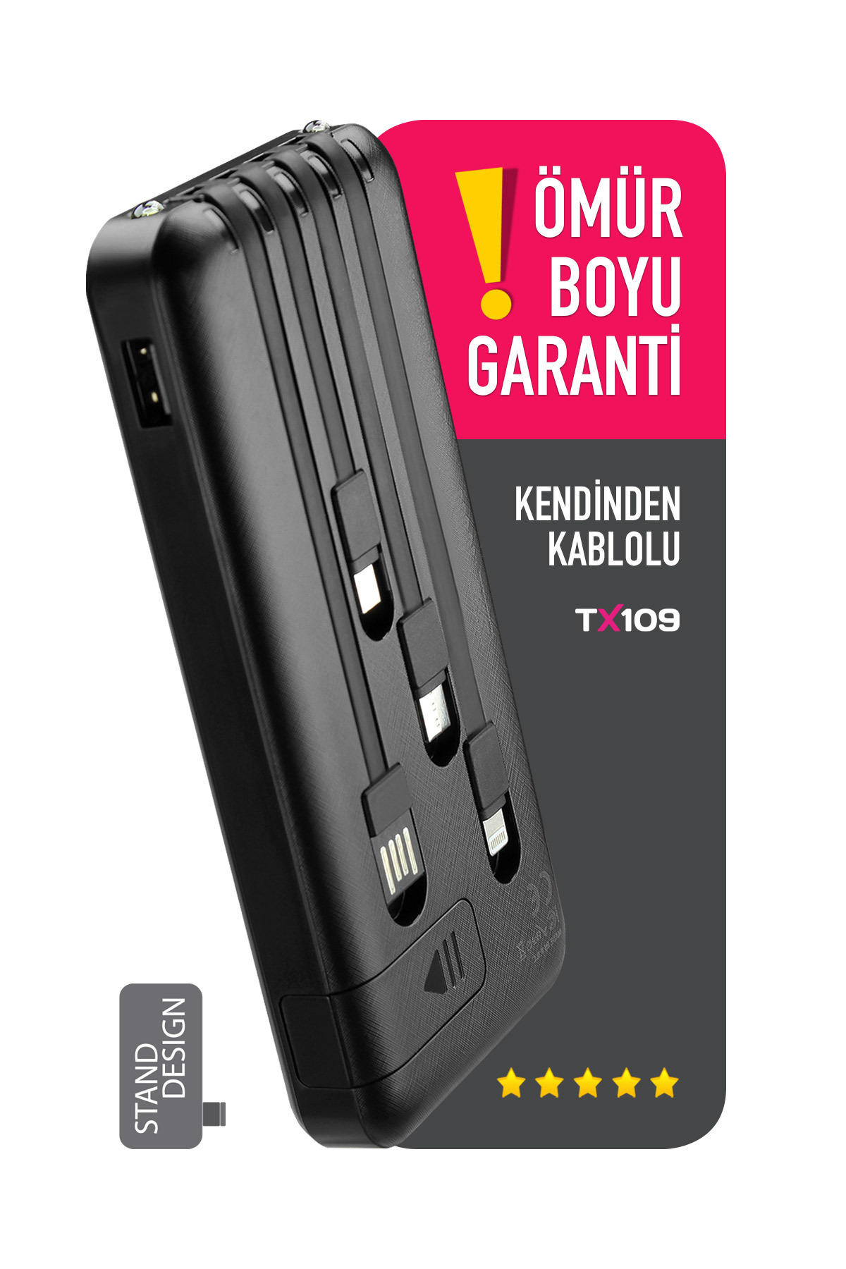 Powerway Orjinal 10.000 mAh Kendinden Kablolu ve Telefon Standlı Şarj Göstergeli Siyah Taşınabilir Powerbank