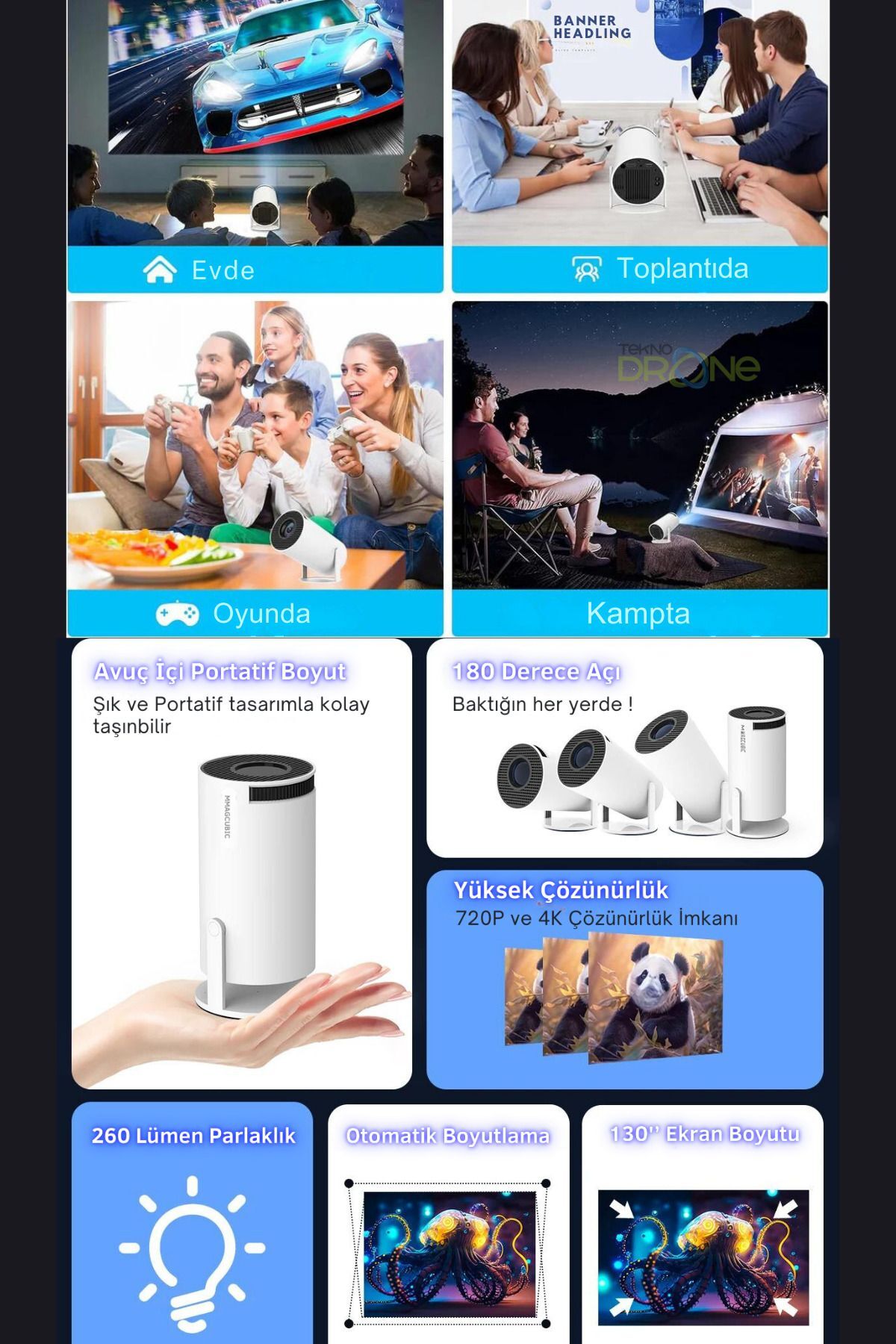 Teknodrone Taşınabilir Android Projeksiyon En Güncel Versiyon Wifi Destekli Akıllı Sinema Projektör Ultra Hd - Görsel 3