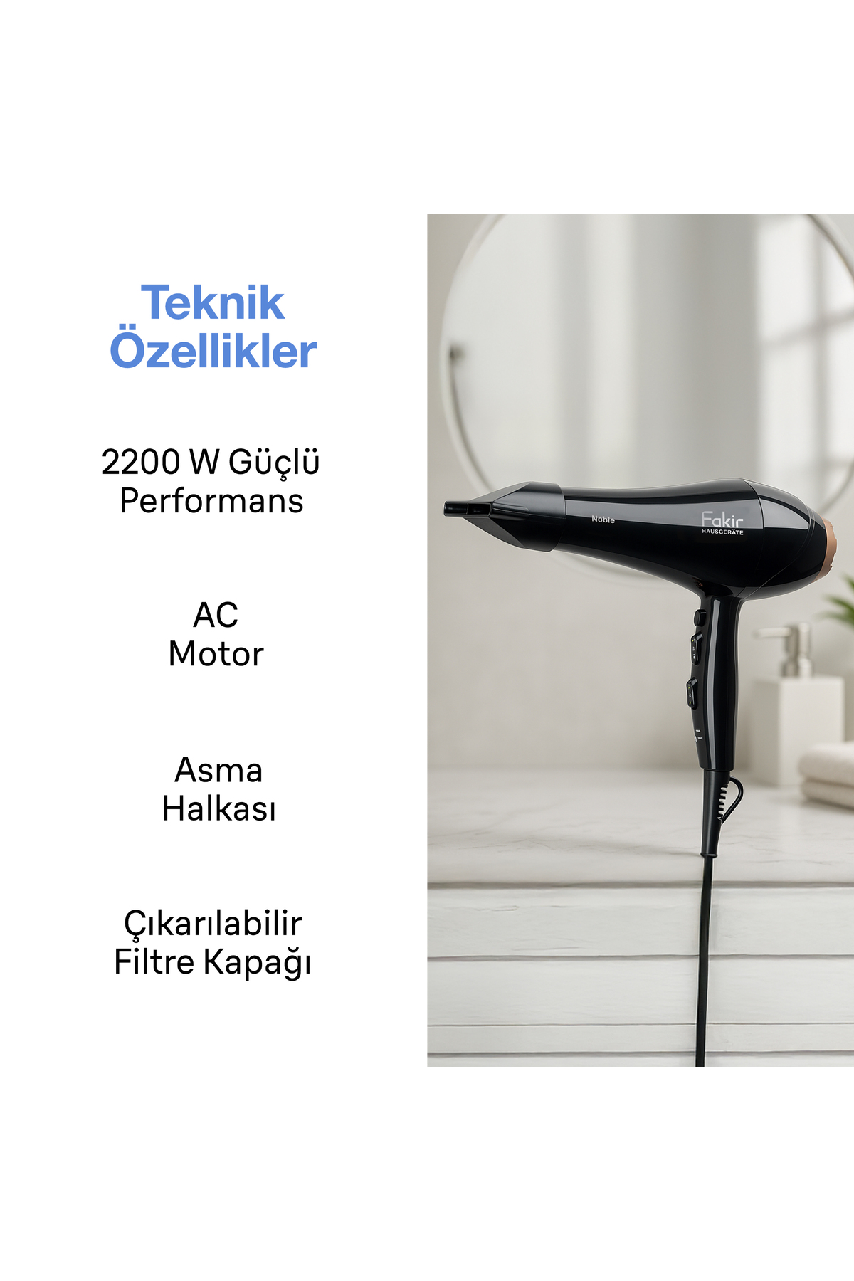 Fakir Noble AC Motor 2200W Saç Kurutma Makinesi Difüzörlü İyonlu Profesyonel Fön Makinesi - Görsel 3