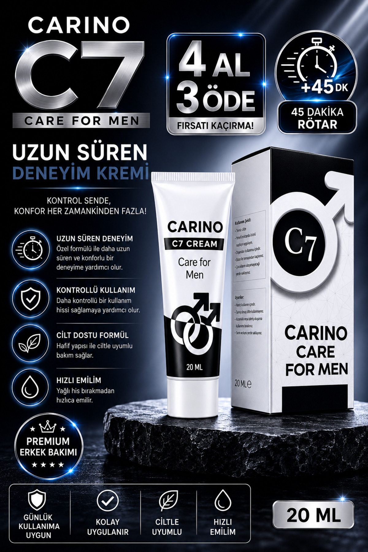 Carino E Bella Carino C7 Care For Men Cream 20 ML – Uzun Süren Deneyim Kremi