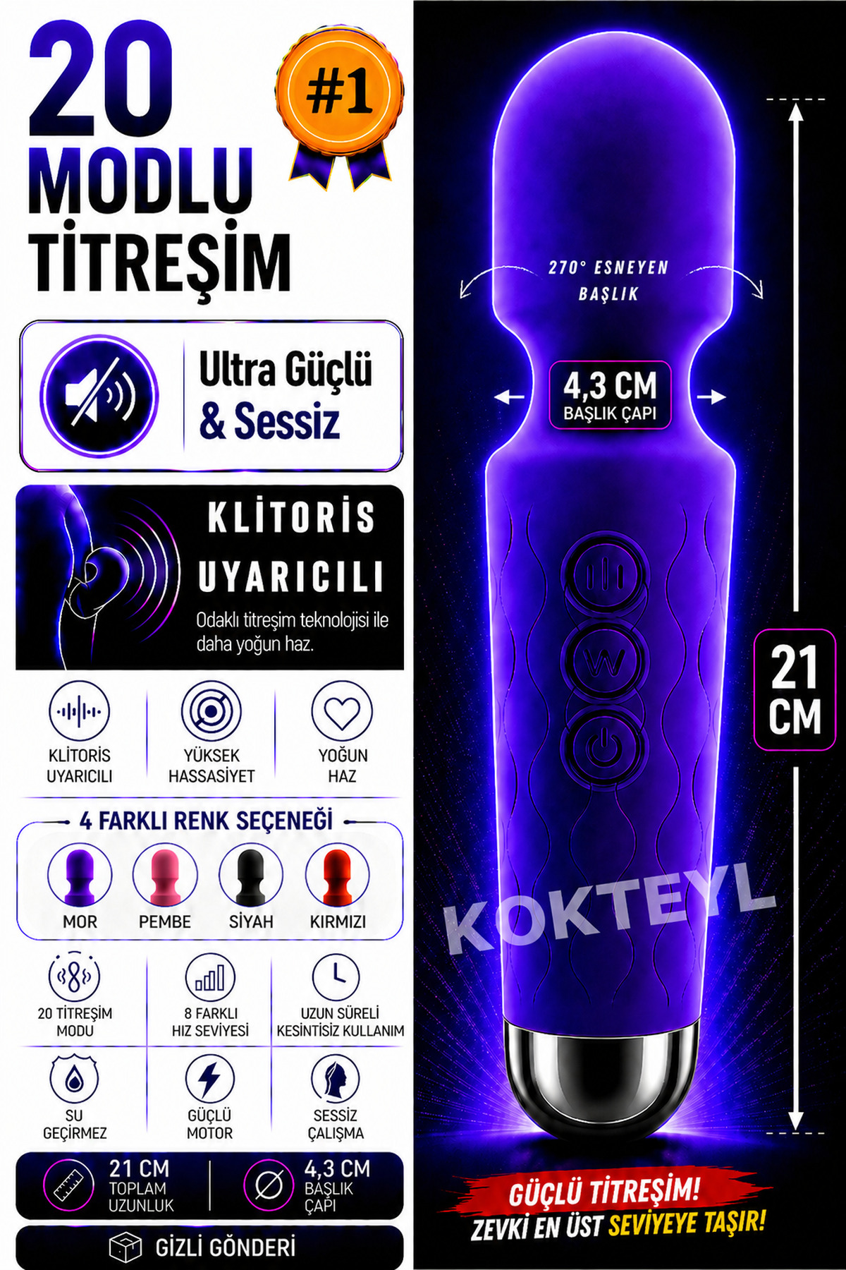 Kokteyl 20 Modlu Şarjlı Su Geçirmez Titreşimli Dildo Vajinal Klitoris ve Anal Uyarıcı Vibratör Orgazm