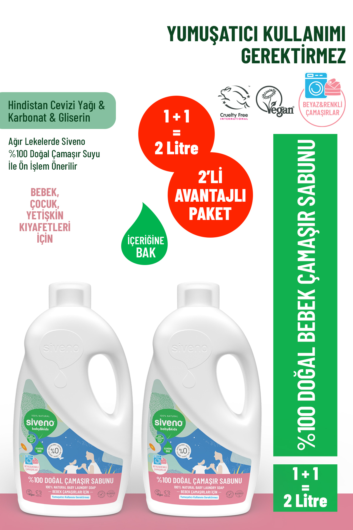 Siveno 0 Doğal Bebek Çamaşır Sabunu Kendinden Yumuşatıcılı Bitkisel Deterjan 1000 ml X2 Adet