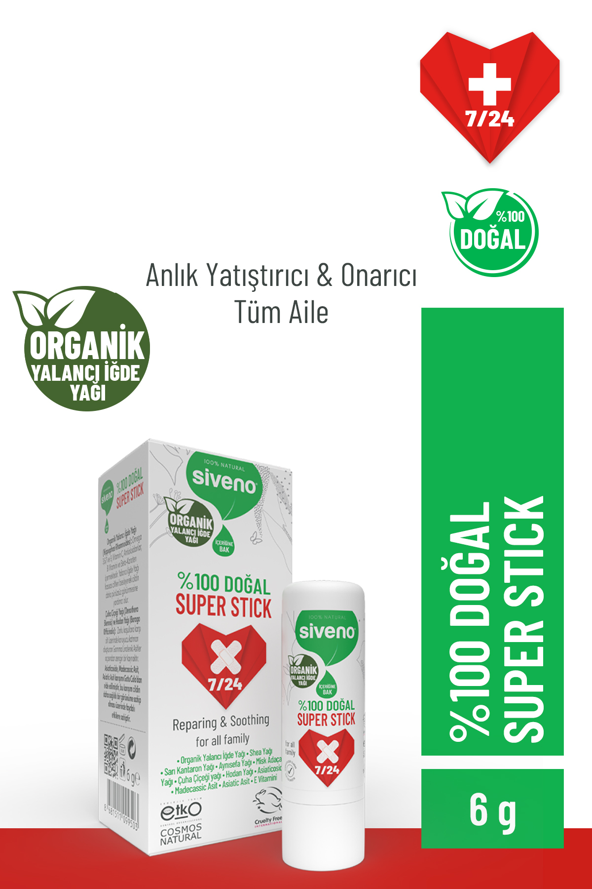 Siveno 0 Doğal Super Stick Anlık Yatıştırıcı Onarıcı Organik Yalancı Iğde Yağlı bitkisel 6 G