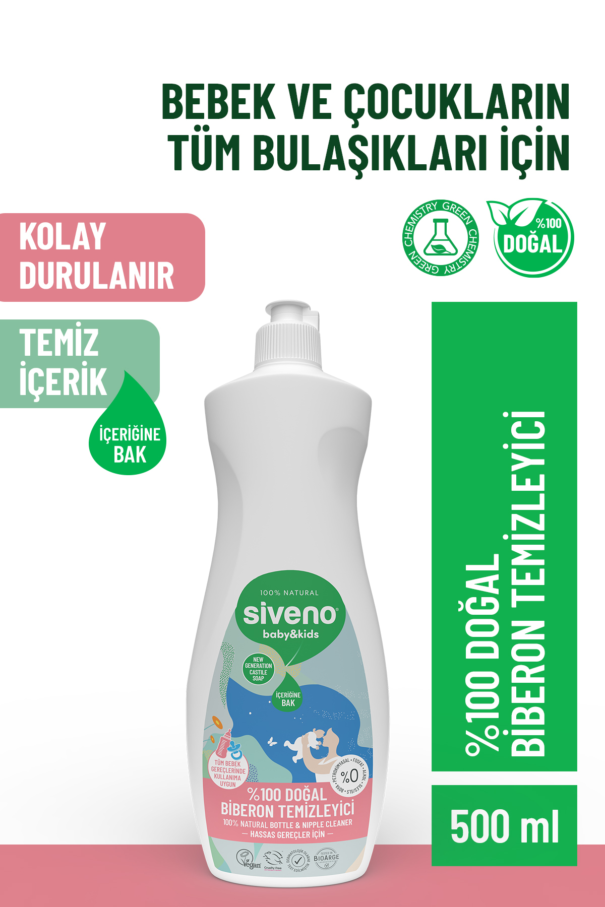 Siveno 0 Doğal Emzik Ve Biberon Temizleyicisi Bitkisel Elde Bulaşık Sabunu Nemlendirici Vegan 500 ml