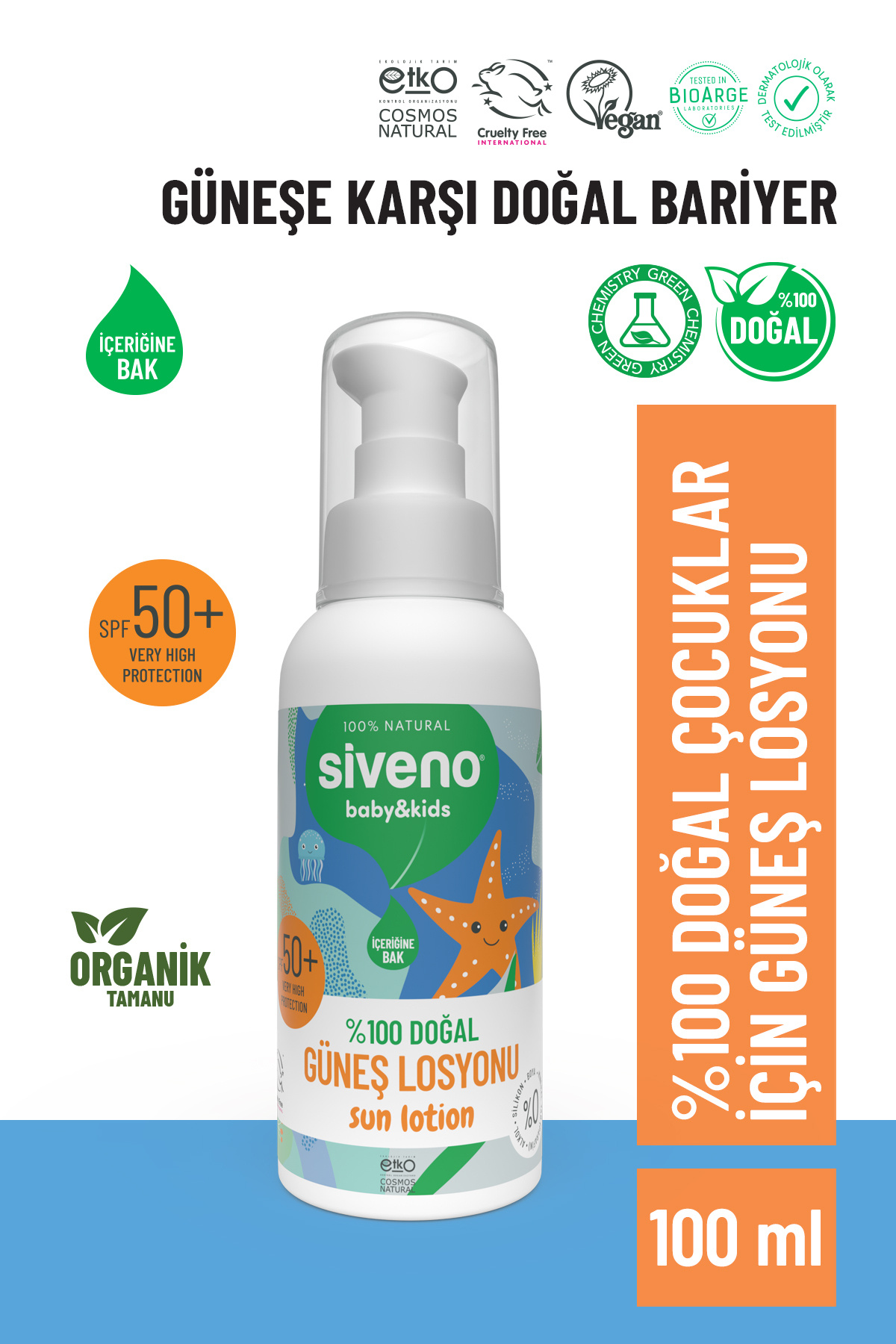 Siveno 0 Doğal Çocuk Güneş Losyon Leke Karşıtı Antioksidan Nemlendirici Vegan SPF 50+ UVA UVB 100 ml