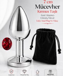 Lolita Shop Paslanmaz Çelik Gümüş Metal Kırmızı Lüks Mücevher Taşlı 7 Cm Anal Açıcı Genişletici Plug Ve Tıkaç